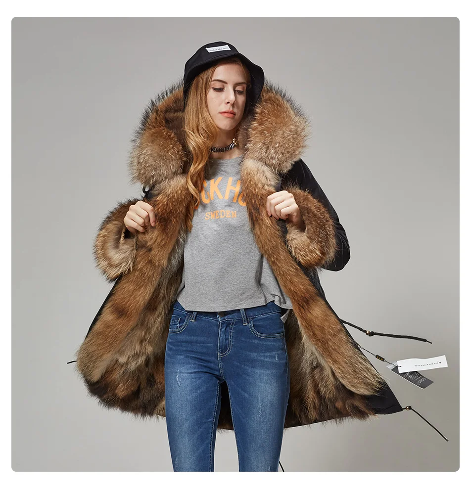 Maomaokong Natural Real Fur Lining Winter Women Jacket Long Fox Fur Coat Raccoon Fur Collar Hooded Thick Black Waterproof Parkas