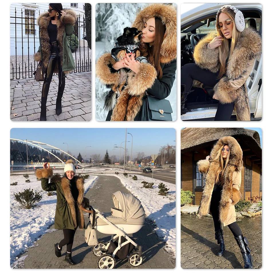 Maomaokong Natural Real Fur Lining Winter Women Jacket Long Fox Fur Coat Raccoon Fur Collar Hooded Thick Black Waterproof Parkas