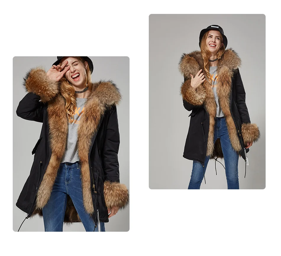Maomaokong Natural Real Fur Lining Winter Women Jacket Long Fox Fur Coat Raccoon Fur Collar Hooded Thick Black Waterproof Parkas