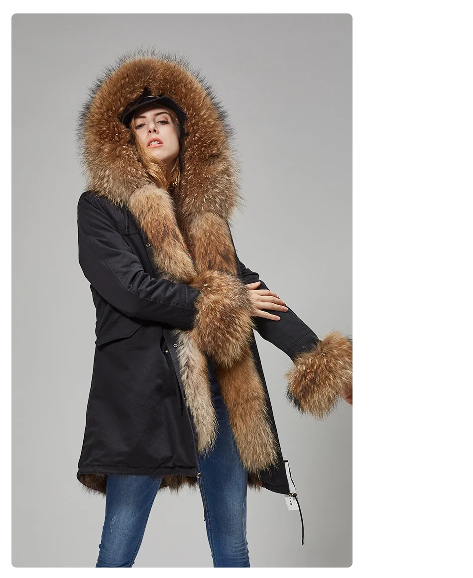 Maomaokong Natural Real Fur Lining Winter Women Jacket Long Fox Fur Coat Raccoon Fur Collar Hooded Thick Black Waterproof Parkas