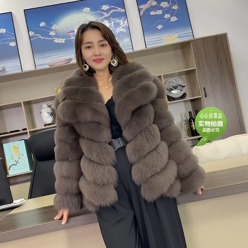 QUEENTINA Winter New Women's Real Fox Fur Coat With Collar Overcoat Leather Female Natural Plus Size