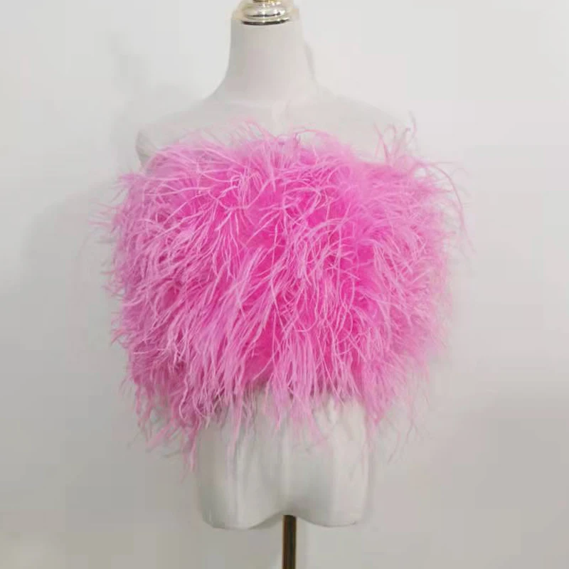 New 100% Natural Ostrich Hair Bra Wedding Underwear Women's Fur Coat Long Feather Top Lady Shirt Wrap Sexy Party Length 30 cm
