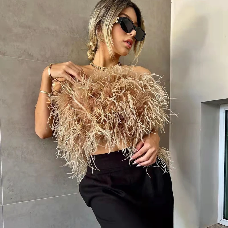 New 100% Natural Ostrich Hair Bra Wedding Underwear Women's Fur Coat Long Feather Top Lady Shirt Wrap Sexy Party Length 30 cm