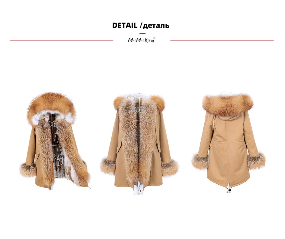 MAOMAOKONG 2026 Removable Real Fox Fur Collar Coats Woman Winter Jacket Hooded Rabbit fur lining Long Parkas Female Clothes