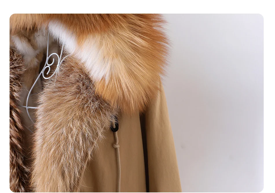 MAOMAOKONG 2026 Removable Real Fox Fur Collar Coats Woman Winter Jacket Hooded Rabbit fur lining Long Parkas Female Clothes