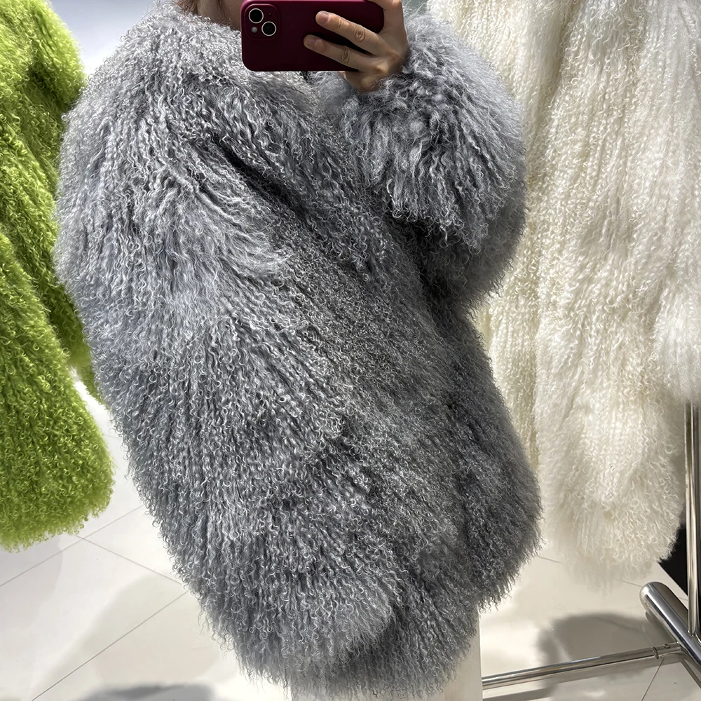 YOLOAgain Real Mongolia Sheep Fur Jacket Women Winter Burgundy Fur Coat