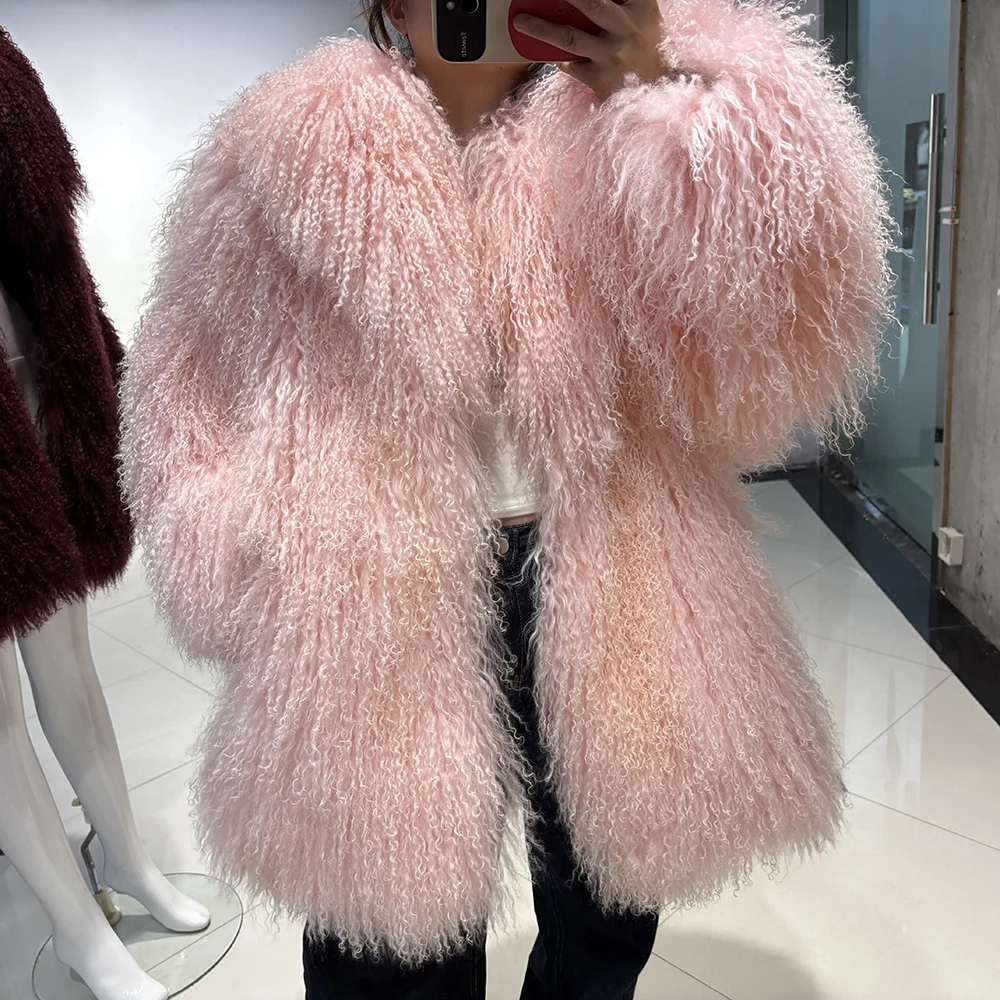 YOLOAgain Real Mongolia Sheep Fur Jacket Women Winter Burgundy Fur Coat