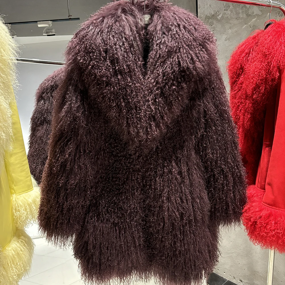 YOLOAgain Real Mongolia Sheep Fur Jacket Women Winter Burgundy Fur Coat