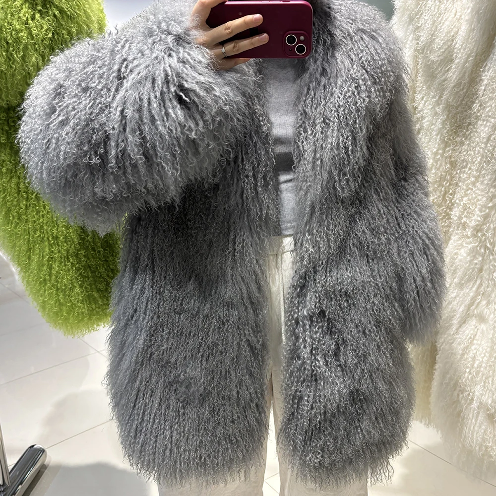 YOLOAgain Real Mongolia Sheep Fur Jacket Women Winter Burgundy Fur Coat
