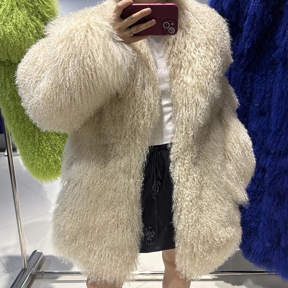YOLOAgain Real Mongolia Sheep Fur Jacket Women Winter Burgundy Fur Coat