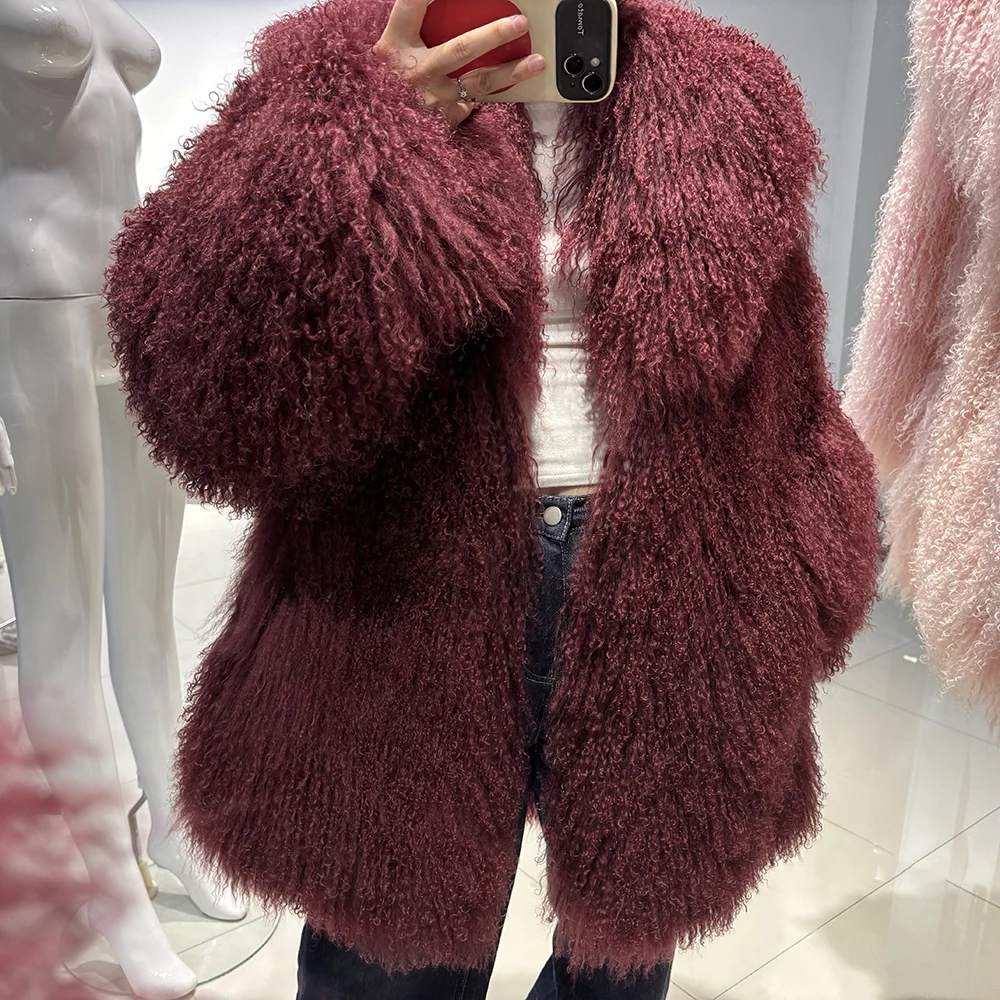 YOLOAgain Real Mongolia Sheep Fur Jacket Women Winter Burgundy Fur Coat