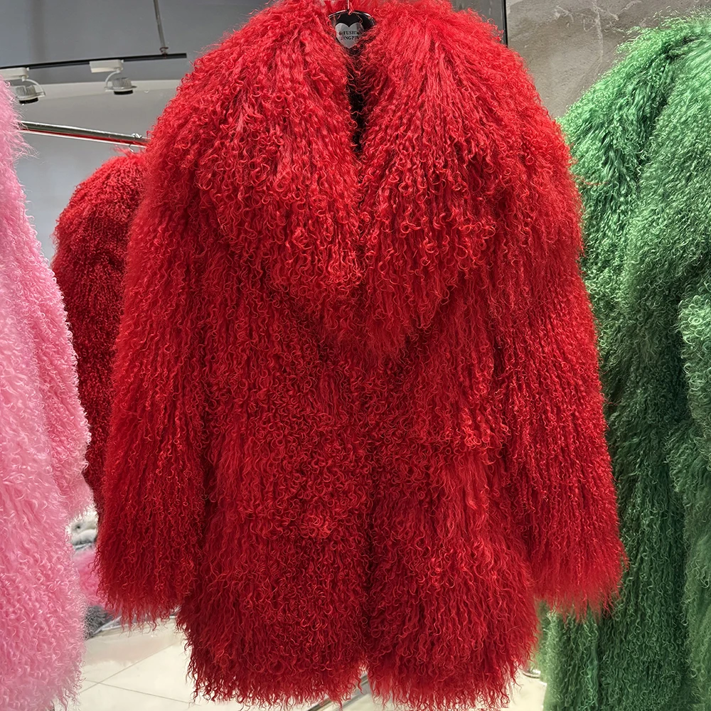 YOLOAgain Real Mongolia Sheep Fur Jacket Women Winter Burgundy Fur Coat