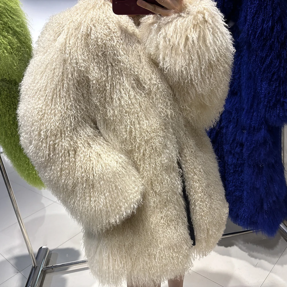 YOLOAgain Real Mongolia Sheep Fur Jacket Women Winter Burgundy Fur Coat