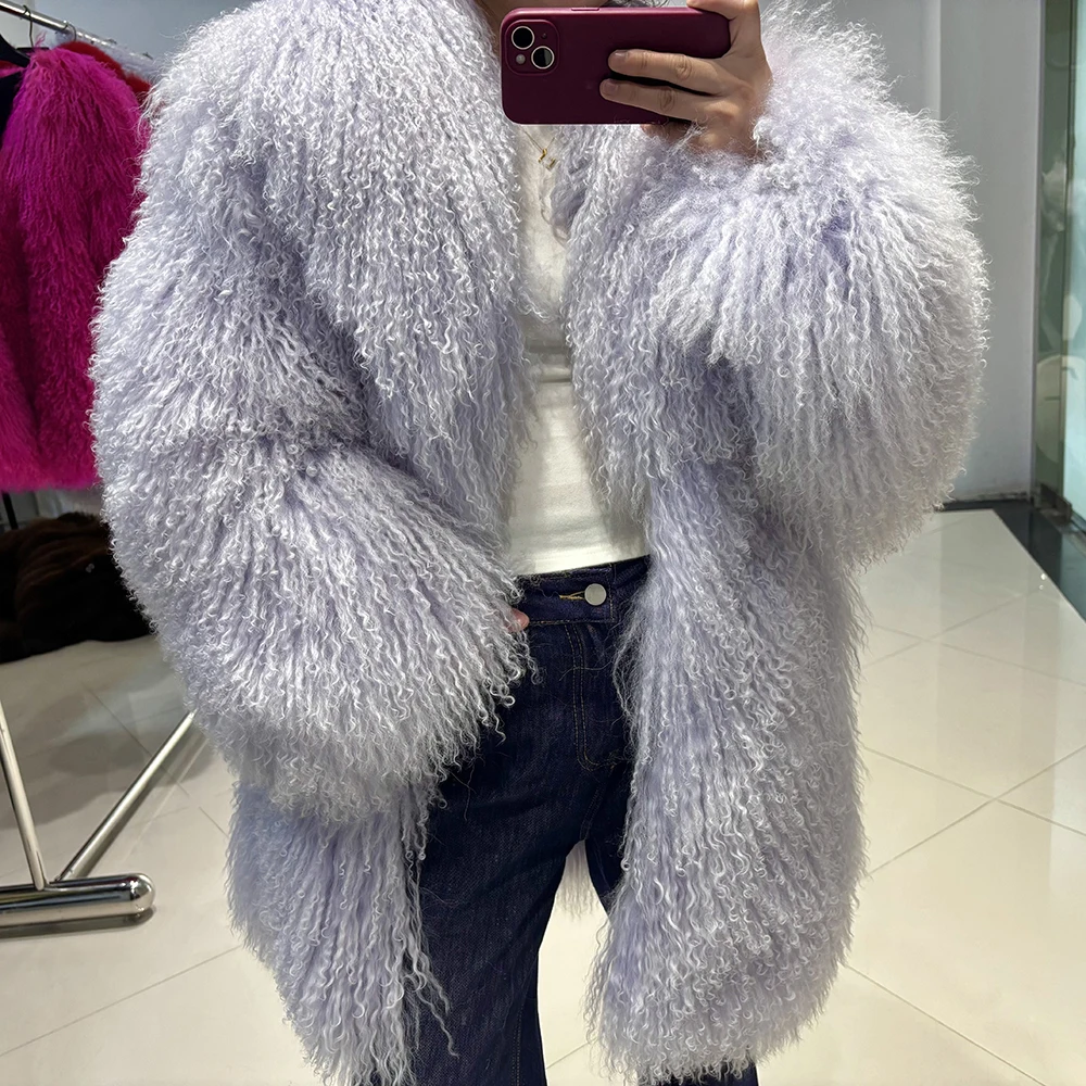 YOLOAgain Real Mongolia Sheep Fur Jacket Women Winter Burgundy Fur Coat