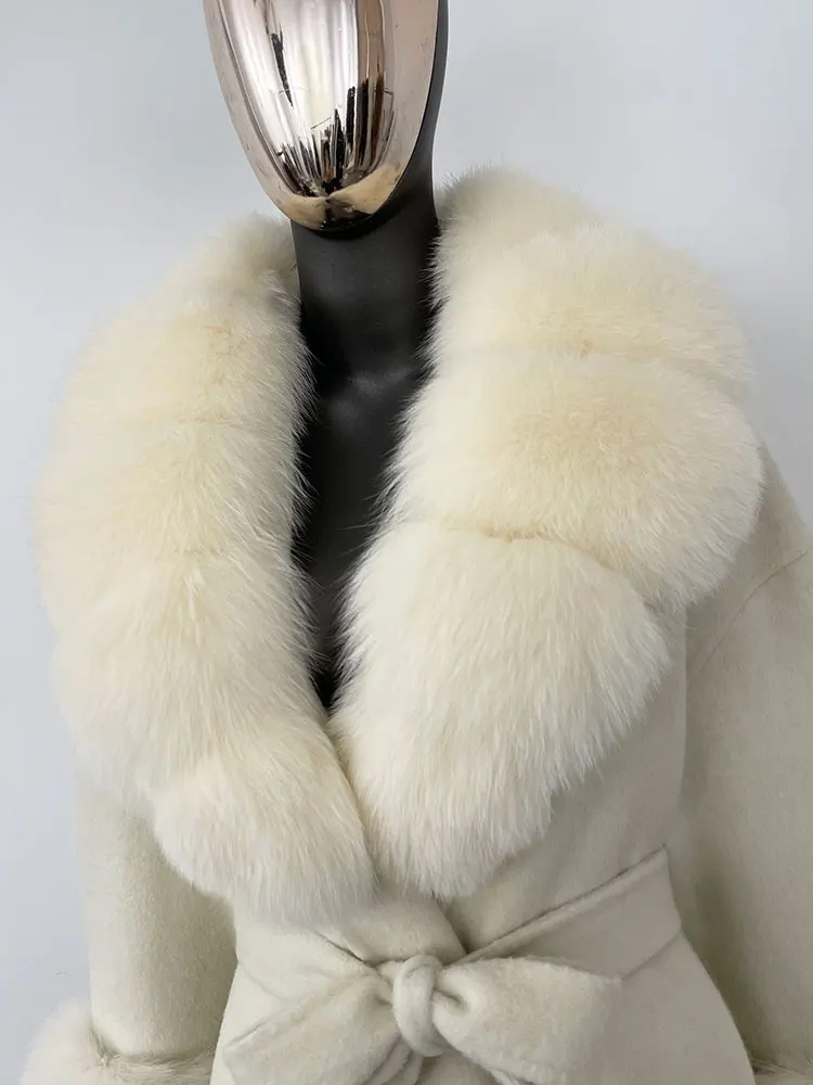 OFTBUY Belt Pocket Winter Jacket Natural Real Raccoon Fox Fur Blends Wool Coat Women Loose Outerwear Casual Outerwear Streetwear
