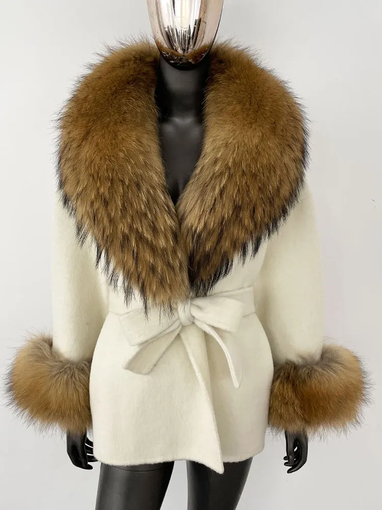 OFTBUY Belt Pocket Winter Jacket Natural Real Raccoon Fox Fur Blends Wool Coat Women Loose Outerwear Casual Outerwear Streetwear