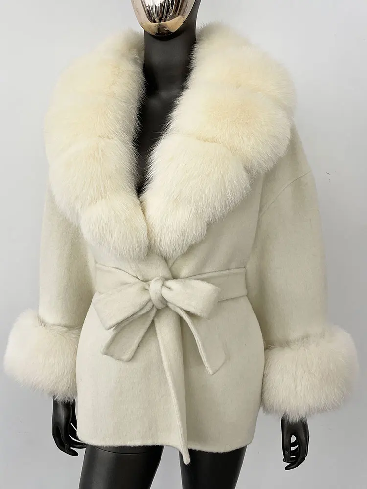 OFTBUY Belt Pocket Winter Jacket Natural Real Raccoon Fox Fur Blends Wool Coat Women Loose Outerwear Casual Outerwear Streetwear