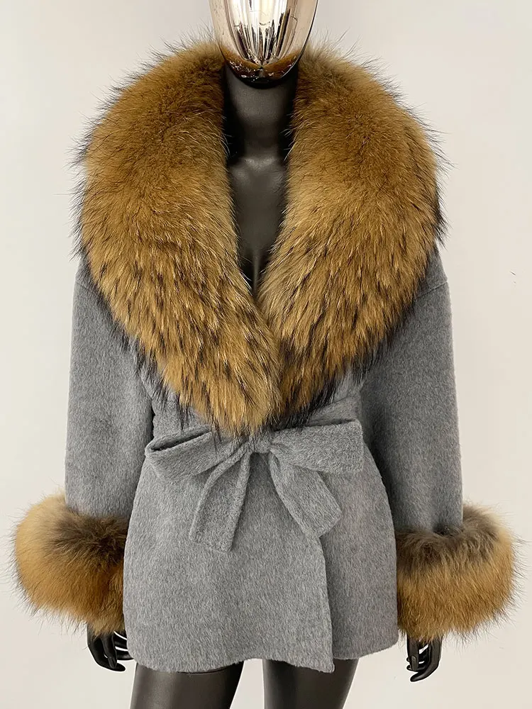OFTBUY Belt Pocket Winter Jacket Natural Real Raccoon Fox Fur Blends Wool Coat Women Loose Outerwear Casual Outerwear Streetwear
