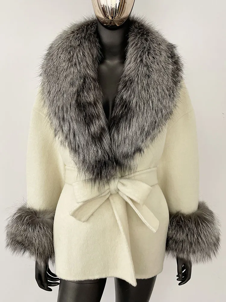 OFTBUY Belt Pocket Winter Jacket Natural Real Raccoon Fox Fur Blends Wool Coat Women Loose Outerwear Casual Outerwear Streetwear