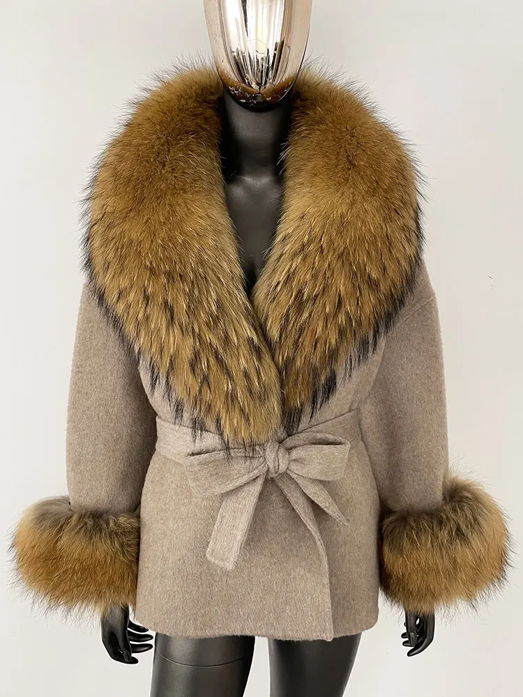 OFTBUY Belt Pocket Winter Jacket Natural Real Raccoon Fox Fur Blends Wool Coat Women Loose Outerwear Casual Outerwear Streetwear