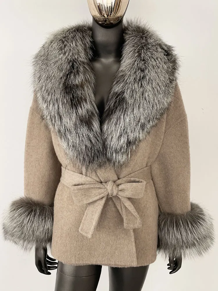 OFTBUY Belt Pocket Winter Jacket Natural Real Raccoon Fox Fur Blends Wool Coat Women Loose Outerwear Casual Outerwear Streetwear