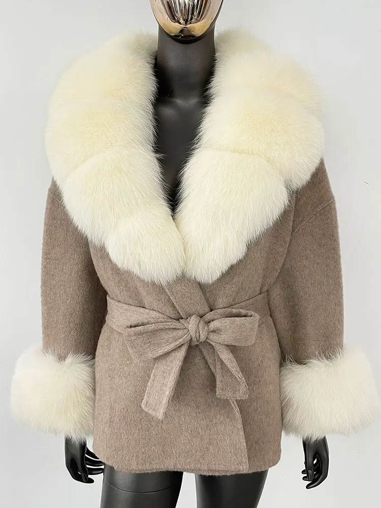 OFTBUY Belt Pocket Winter Jacket Natural Real Raccoon Fox Fur Blends Wool Coat Women Loose Outerwear Casual Outerwear Streetwear