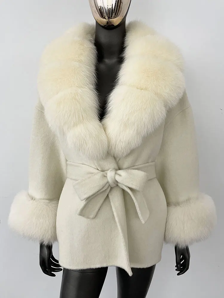 OFTBUY Belt Pocket Winter Jacket Natural Real Raccoon Fox Fur Blends Wool Coat Women Loose Outerwear Casual Outerwear Streetwear