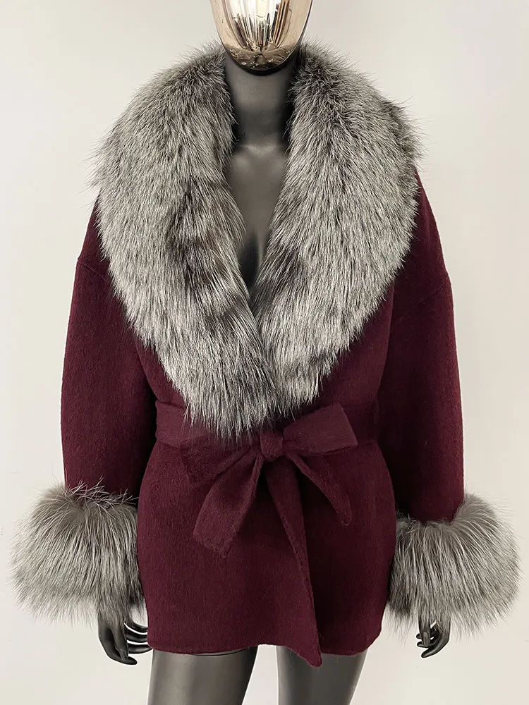 OFTBUY Belt Pocket Winter Jacket Natural Real Raccoon Fox Fur Blends Wool Coat Women Loose Outerwear Casual Outerwear Streetwear