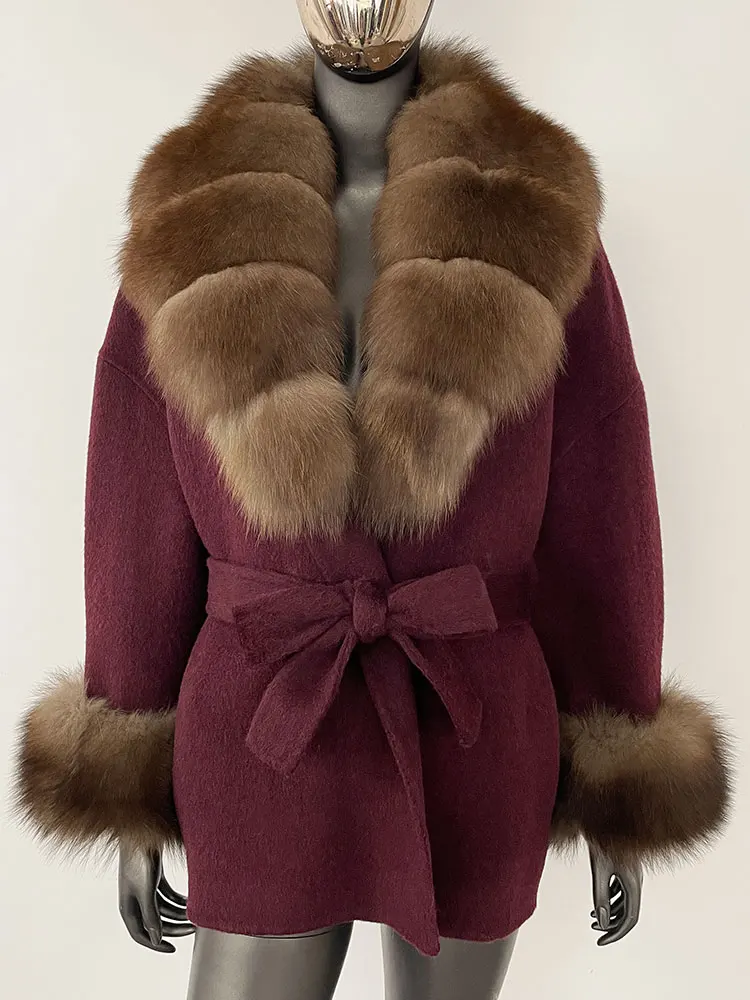 OFTBUY Belt Pocket Winter Jacket Natural Real Raccoon Fox Fur Blends Wool Coat Women Loose Outerwear Casual Outerwear Streetwear