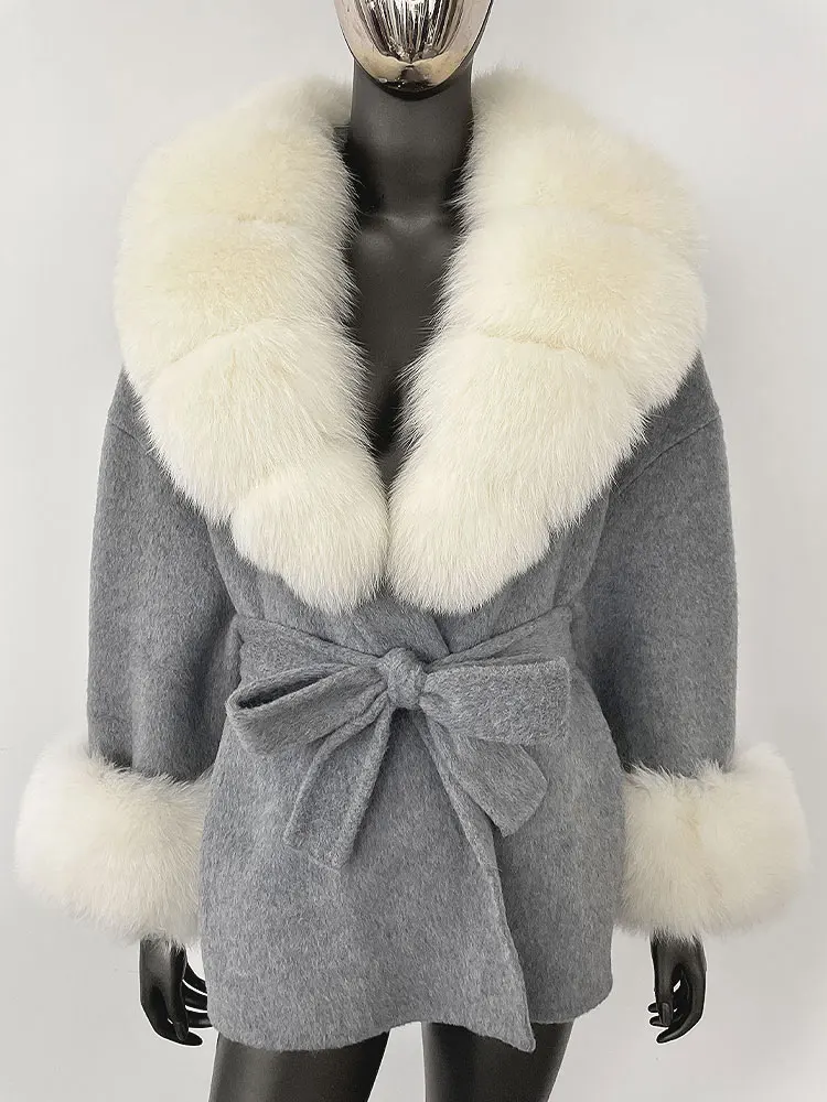 OFTBUY Belt Pocket Winter Jacket Natural Real Raccoon Fox Fur Blends Wool Coat Women Loose Outerwear Casual Outerwear Streetwear