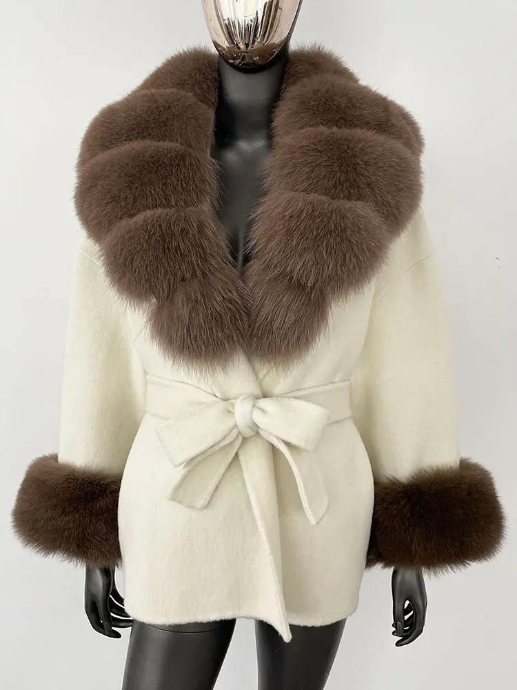 OFTBUY Belt Pocket Winter Jacket Natural Real Raccoon Fox Fur Blends Wool Coat Women Loose Outerwear Casual Outerwear Streetwear