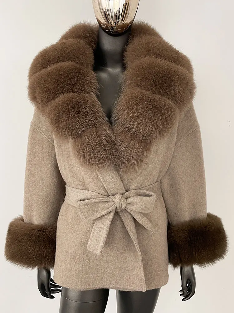 OFTBUY Belt Pocket Winter Jacket Natural Real Raccoon Fox Fur Blends Wool Coat Women Loose Outerwear Casual Outerwear Streetwear