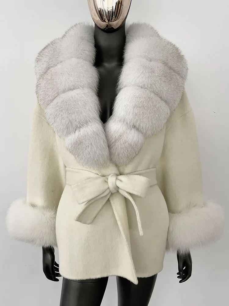 OFTBUY Belt Pocket Winter Jacket Natural Real Raccoon Fox Fur Blends Wool Coat Women Loose Outerwear Casual Outerwear Streetwear