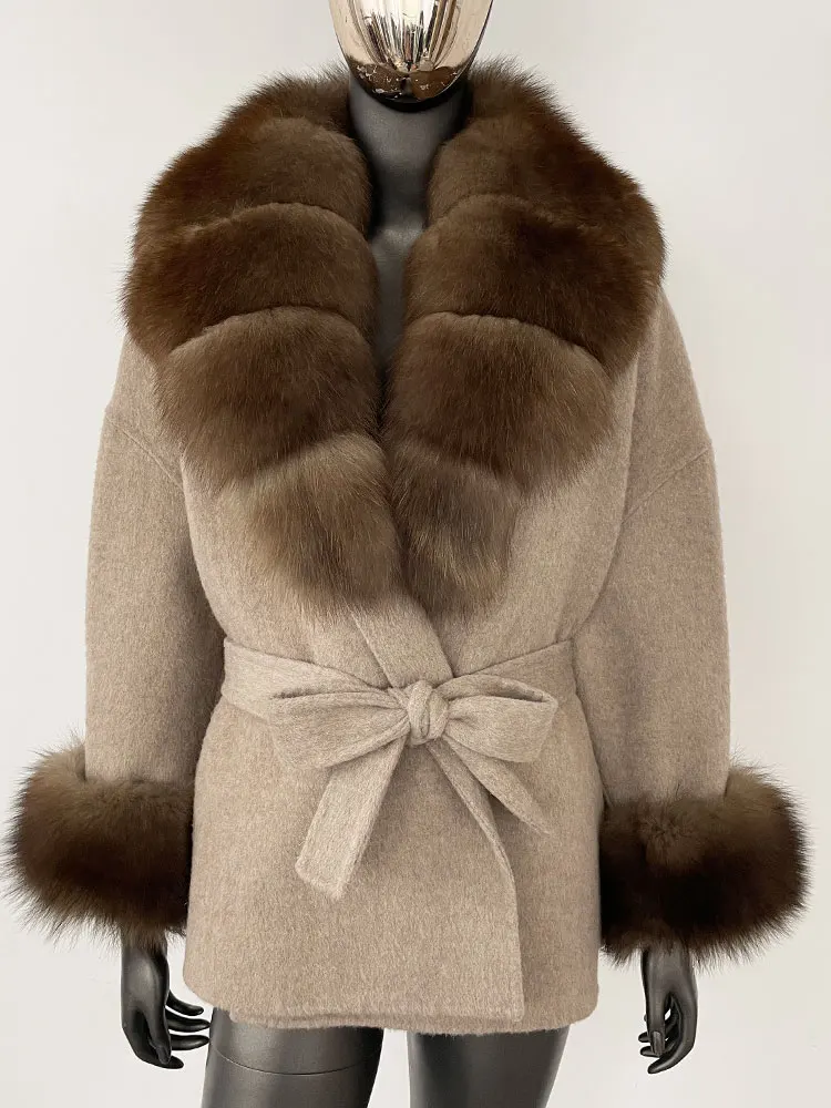 OFTBUY Belt Pocket Winter Jacket Natural Real Raccoon Fox Fur Blends Wool Coat Women Loose Outerwear Casual Outerwear Streetwear