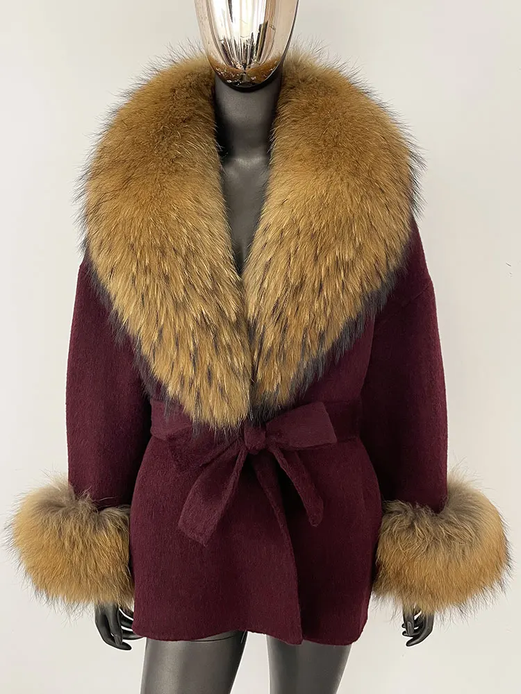 OFTBUY Belt Pocket Winter Jacket Natural Real Raccoon Fox Fur Blends Wool Coat Women Loose Outerwear Casual Outerwear Streetwear