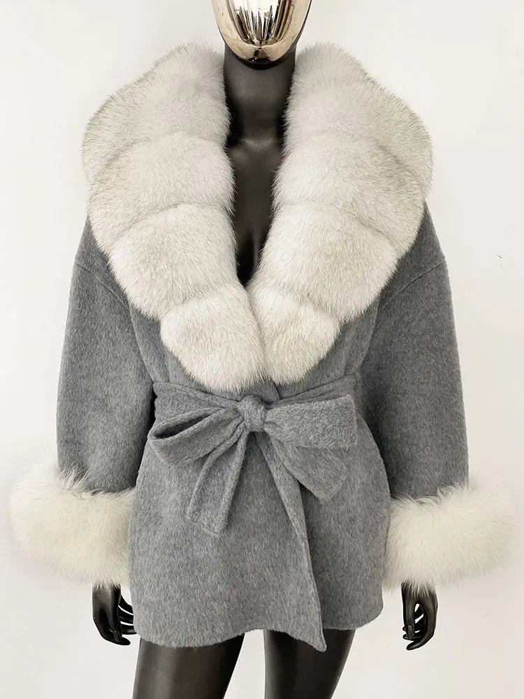 OFTBUY Belt Pocket Winter Jacket Natural Real Raccoon Fox Fur Blends Wool Coat Women Loose Outerwear Casual Outerwear Streetwear