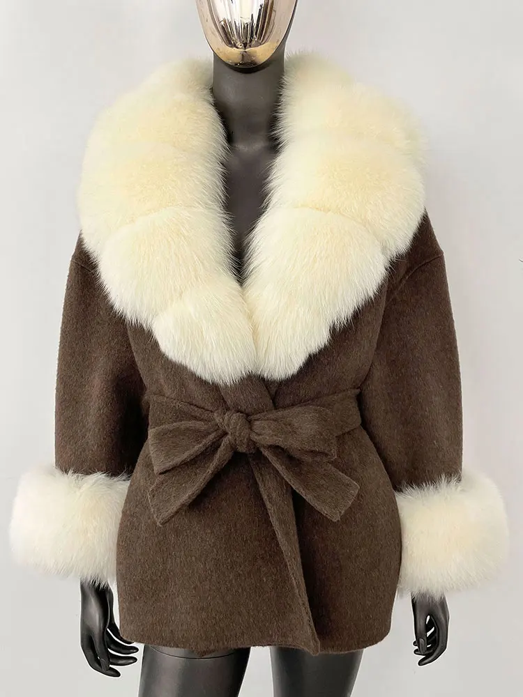 OFTBUY Belt Pocket Winter Jacket Natural Real Raccoon Fox Fur Blends Wool Coat Women Loose Outerwear Casual Outerwear Streetwear