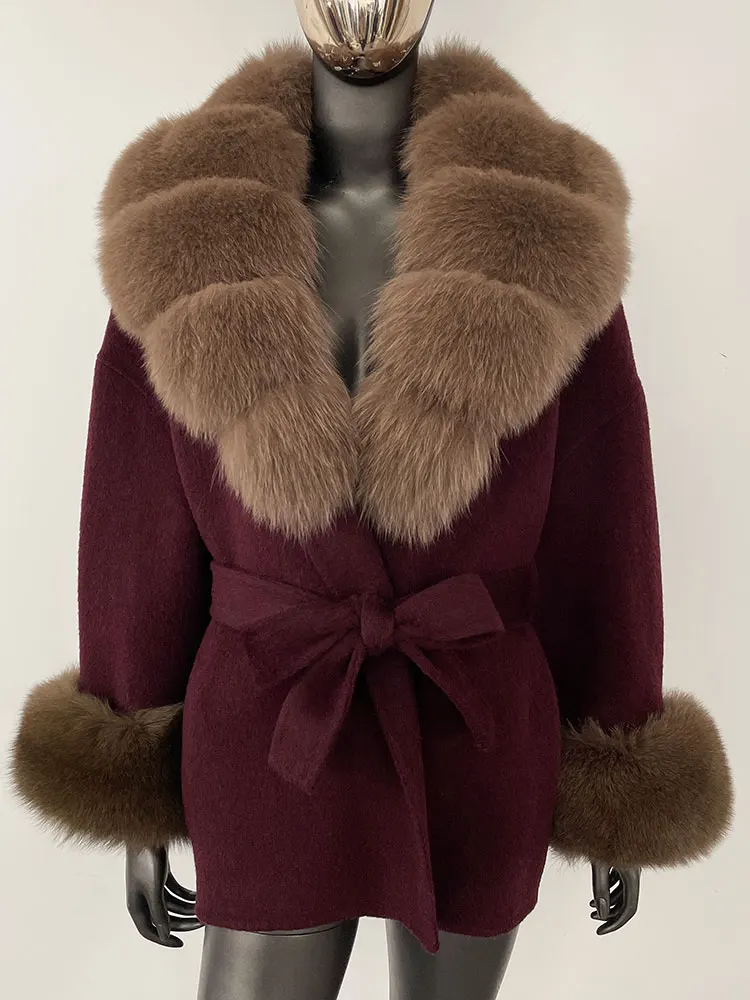 OFTBUY Belt Pocket Winter Jacket Natural Real Raccoon Fox Fur Blends Wool Coat Women Loose Outerwear Casual Outerwear Streetwear