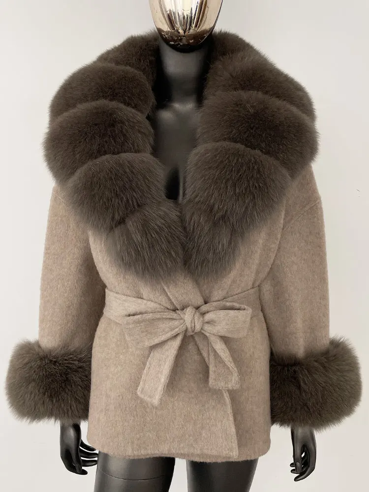 OFTBUY Belt Pocket Winter Jacket Natural Real Raccoon Fox Fur Blends Wool Coat Women Loose Outerwear Casual Outerwear Streetwear