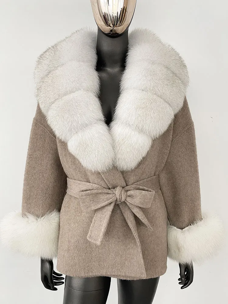 OFTBUY Belt Pocket Winter Jacket Natural Real Raccoon Fox Fur Blends Wool Coat Women Loose Outerwear Casual Outerwear Streetwear