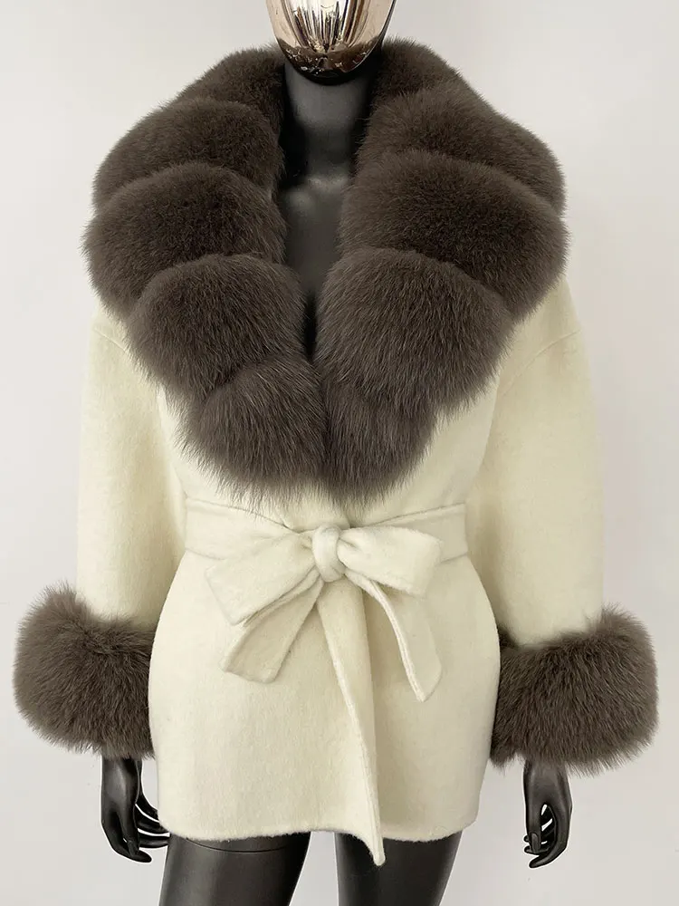 OFTBUY Belt Pocket Winter Jacket Natural Real Raccoon Fox Fur Blends Wool Coat Women Loose Outerwear Casual Outerwear Streetwear