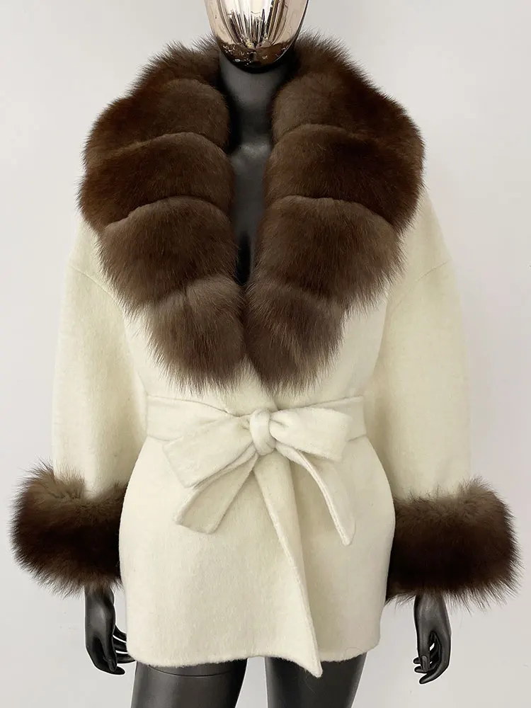 OFTBUY Belt Pocket Winter Jacket Natural Real Raccoon Fox Fur Blends Wool Coat Women Loose Outerwear Casual Outerwear Streetwear