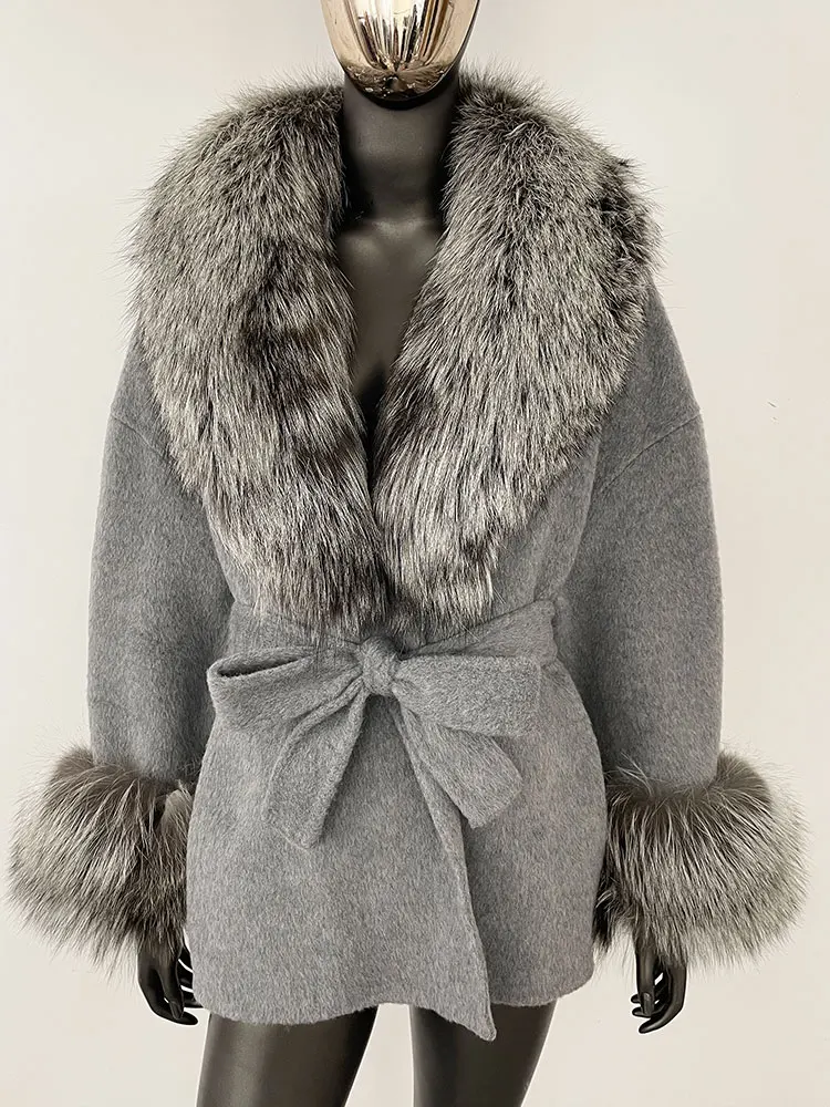 OFTBUY Belt Pocket Winter Jacket Natural Real Raccoon Fox Fur Blends Wool Coat Women Loose Outerwear Casual Outerwear Streetwear