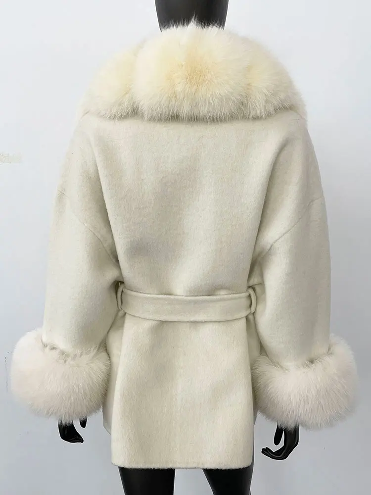 OFTBUY Belt Pocket Winter Jacket Natural Real Raccoon Fox Fur Blends Wool Coat Women Loose Outerwear Casual Outerwear Streetwear
