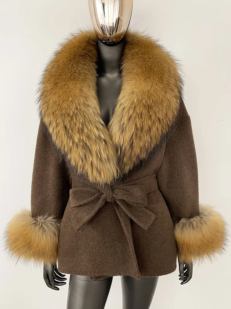 OFTBUY Belt Pocket Winter Jacket Natural Real Raccoon Fox Fur Blends Wool Coat Women Loose Outerwear Casual Outerwear Streetwear