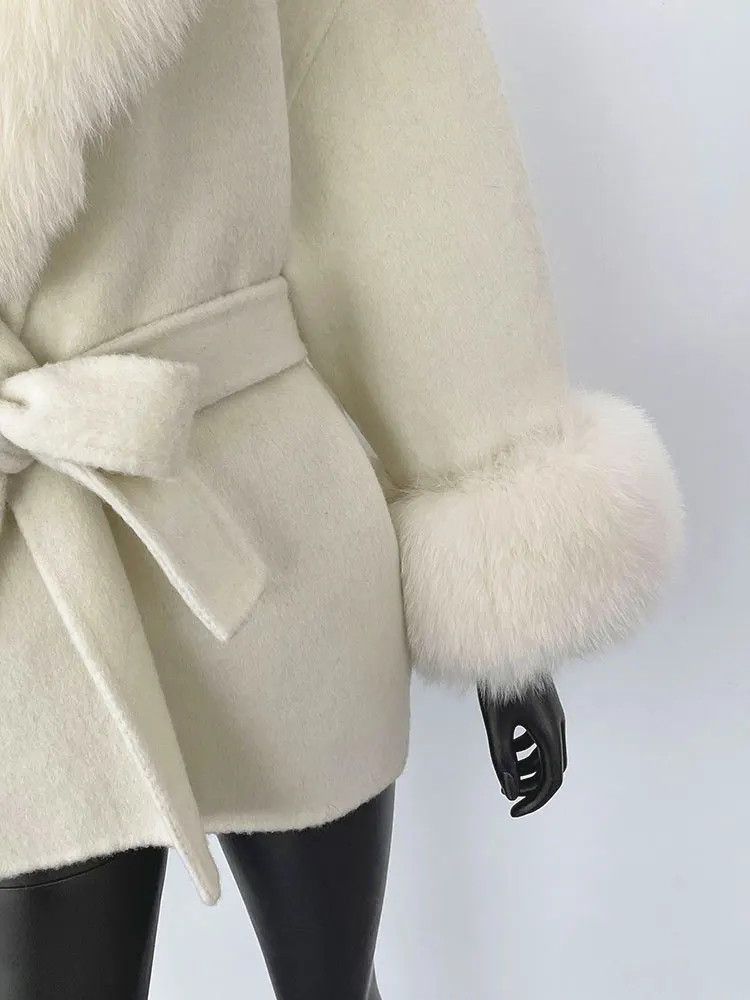 OFTBUY Belt Pocket Winter Jacket Natural Real Raccoon Fox Fur Blends Wool Coat Women Loose Outerwear Casual Outerwear Streetwear