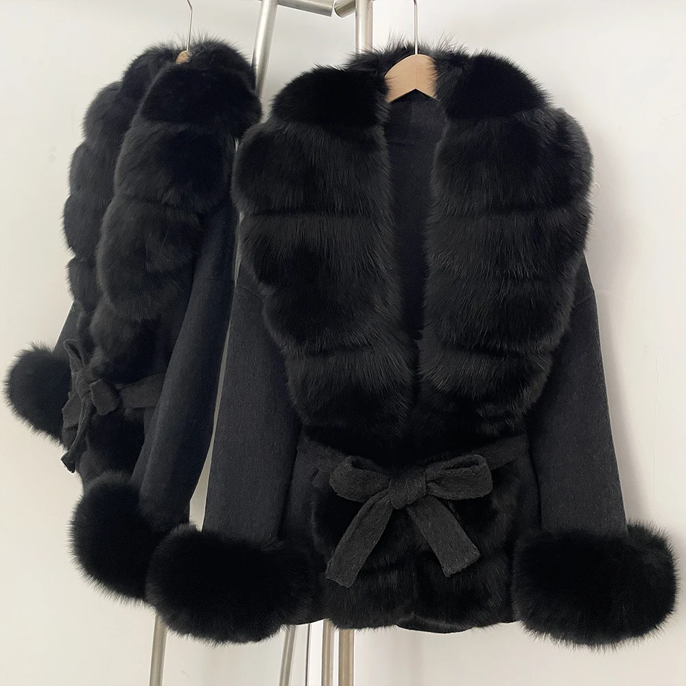 OFTBUY New Autumn Winter Top Clothes Big Real Fox Fur Pinnacle Woolen Coat Female Warm Natural Fox Fur Collar Wool Jacket Women