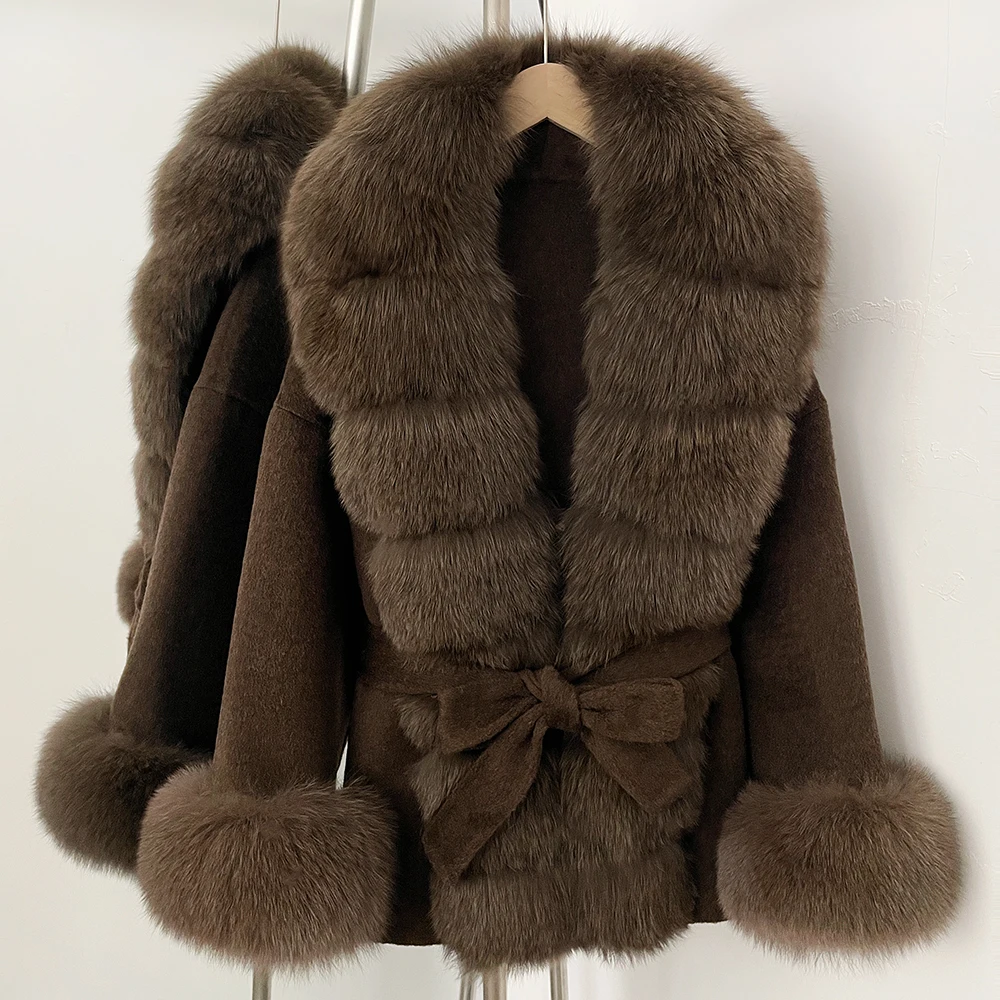OFTBUY New Autumn Winter Top Clothes Big Real Fox Fur Pinnacle Woolen Coat Female Warm Natural Fox Fur Collar Wool Jacket Women