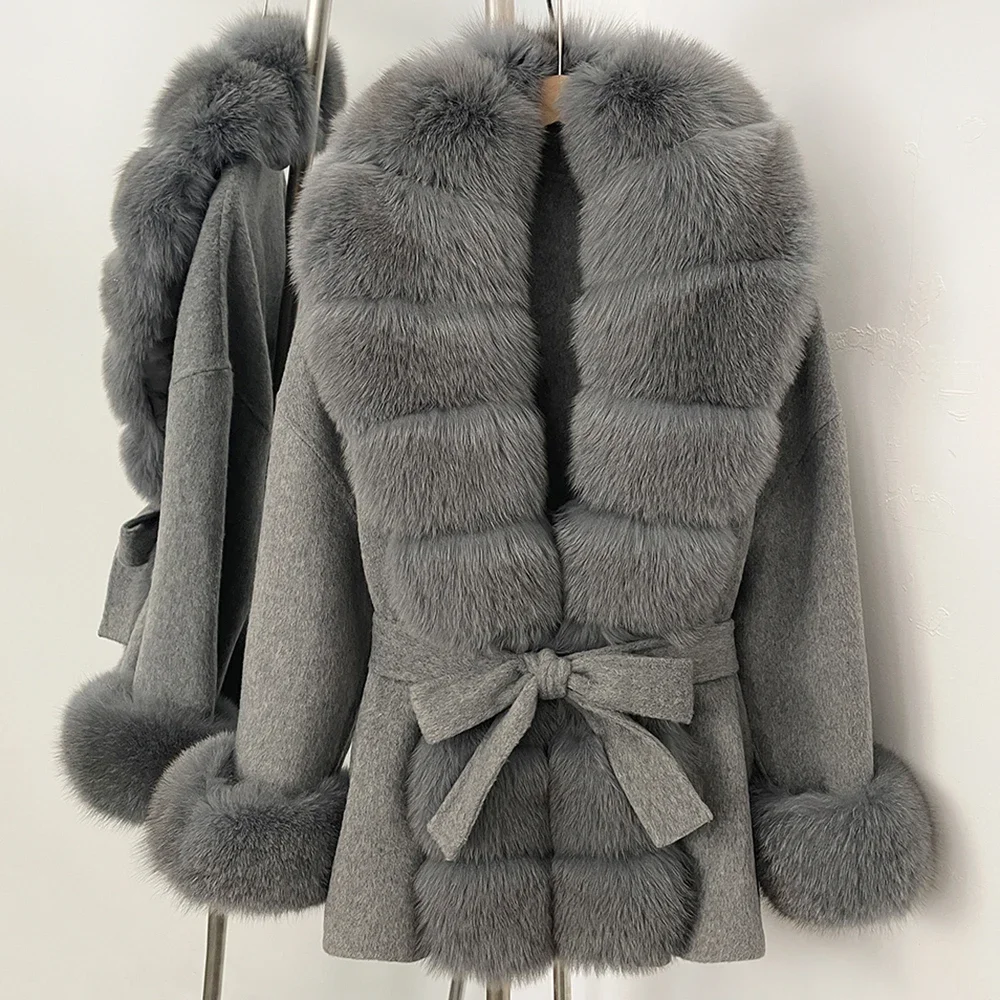 OFTBUY New Autumn Winter Top Clothes Big Real Fox Fur Pinnacle Woolen Coat Female Warm Natural Fox Fur Collar Wool Jacket Women