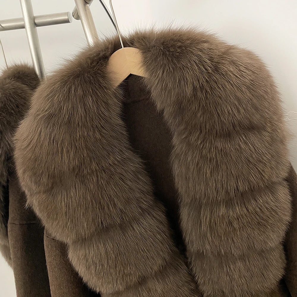 OFTBUY New Autumn Winter Top Clothes Big Real Fox Fur Pinnacle Woolen Coat Female Warm Natural Fox Fur Collar Wool Jacket Women